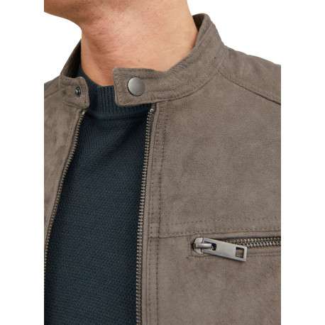 Blouson taupe uni effet daim avec une coupe droite et 3 poches zippées - Image 5
