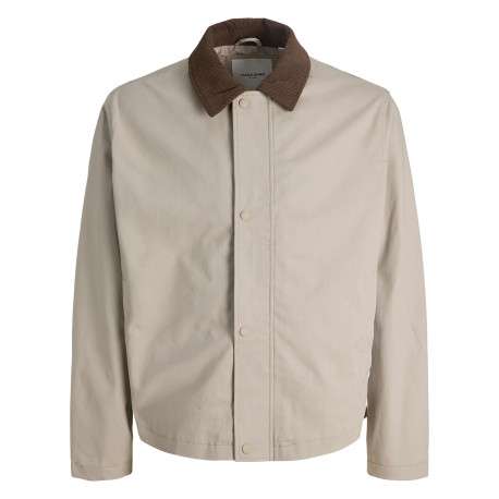 Blouson en coton beige uni avec un col à revers contrasté en velours