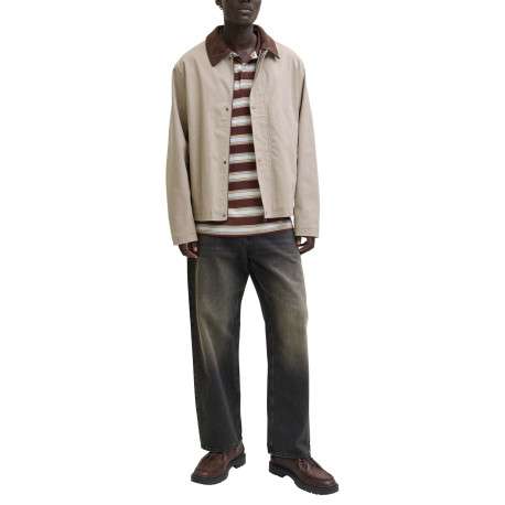 Blouson en coton beige uni avec un col à revers contrasté en velours - Image 3