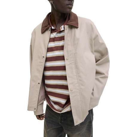 Blouson en coton beige uni avec un col à revers contrasté en velours - Image 5