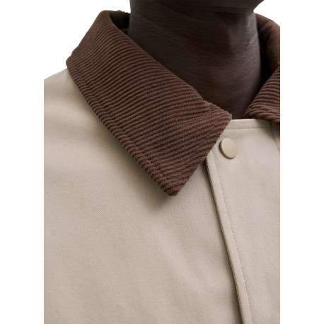 Blouson en coton beige uni avec un col à revers contrasté en velours - Image 6