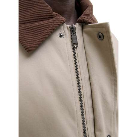 Blouson en coton beige uni avec un col à revers contrasté en velours - Image 7
