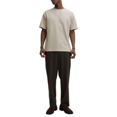 T-shirt beige uni basique avec une coupe droite et un col rond - Image 3