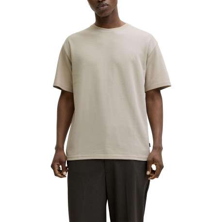 T-shirt beige uni basique avec une coupe droite et un col rond - Image 5