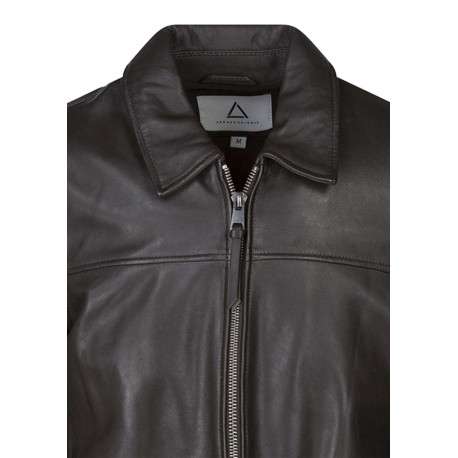 Blouson en cuir de mouton marron uni avec une coupe droite et un col à revers - Image 3