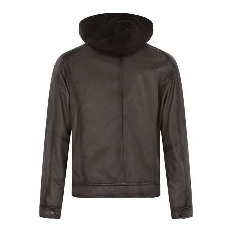 Blouson en cuir taupe uni avec une coupe ajustée et un col à capuche - Image 2