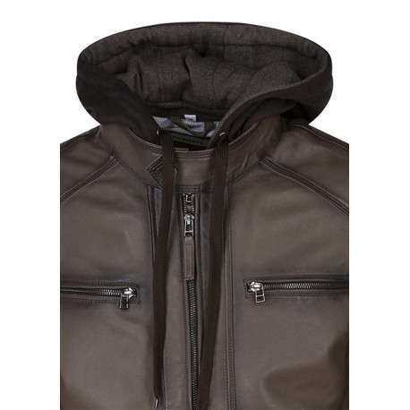 Blouson en cuir taupe uni avec une coupe ajustée et un col à capuche - Image 3