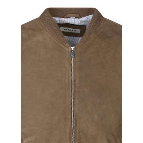 Blouson en cuir de mouton beige uni avec une coupe droite et un col rond - Image 3
