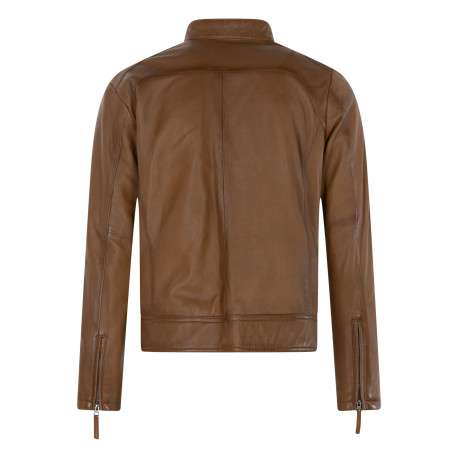Blouson en cuir de mouton camel uni avec une coupe droite et un col rond - Image 2