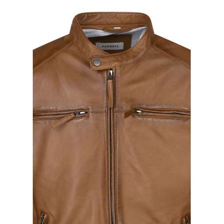 Blouson en cuir de mouton camel uni avec une coupe droite et un col rond - Image 3