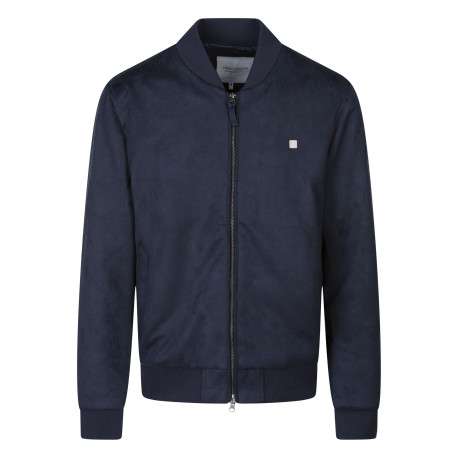 Blouson bleu foncé uni avec une coupe ajustée et un col montant