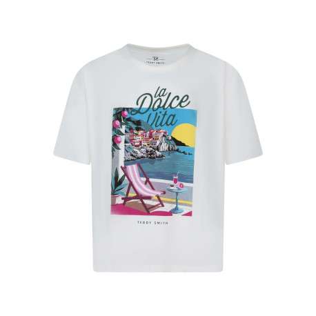 T-shirt en coton blanc à imprimé avec une coupe droite et un col rond