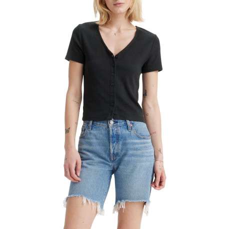 T-shirt en coton noir en maille côtelée pourvu d'une fermeture boutonnée - Image 3