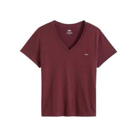 T-shirt en coton bordeaux uni à coupe ajustée pourvu d'un col v