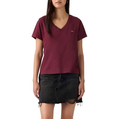 T-shirt en coton bordeaux uni à coupe ajustée pourvu d'un col v - Image 3