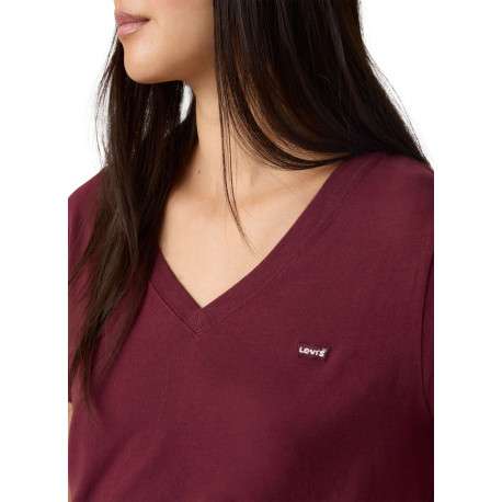 T-shirt en coton bordeaux uni à coupe ajustée pourvu d'un col v - Image 5