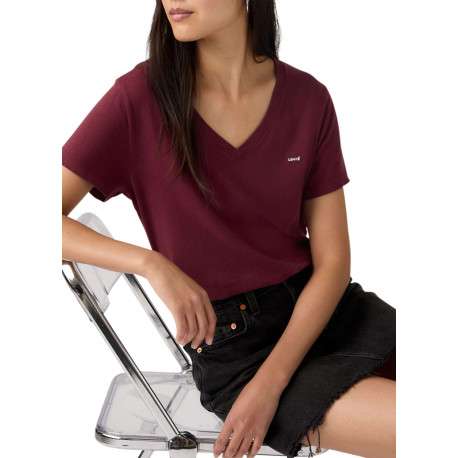 T-shirt en coton bordeaux uni à coupe ajustée pourvu d'un col v - Image 6