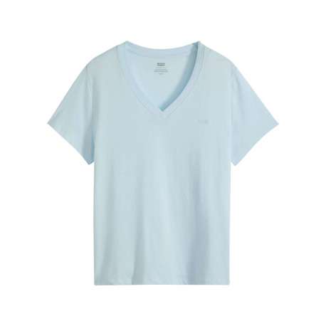T-shirt en coton ciel uni à coupe ajustée pourvu d'un col v côtelé
