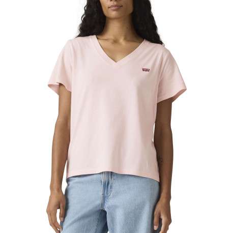 T-shirt en coton rose uni à coupe ajustée pourvu d'un col v côtelé