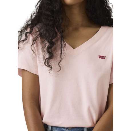 T-shirt en coton rose uni à coupe ajustée pourvu d'un col v côtelé - Image 3