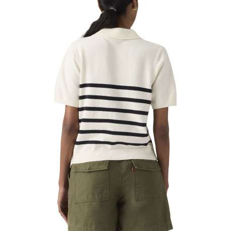 Pull blanc et noir à rayures pourvu d'un col polo et de manches courtes - Image 2