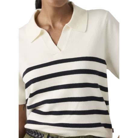 Pull blanc et noir à rayures pourvu d'un col polo et de manches courtes - Image 4