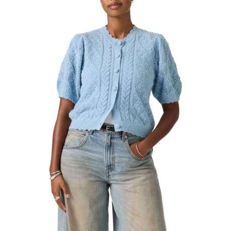 Pull bleu pourvu d'un col rond festonné et d'une fermeture boutonnée - Image 3
