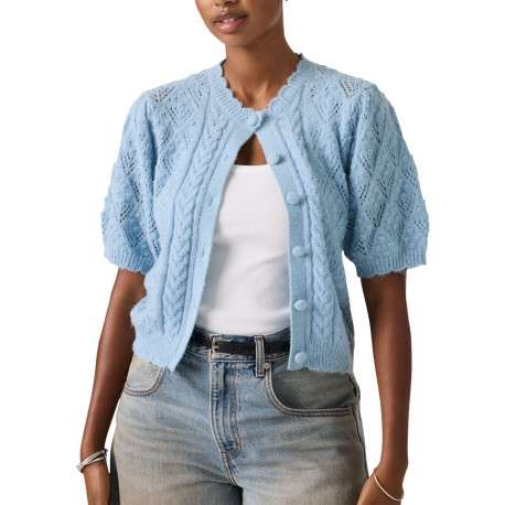 Pull bleu pourvu d'un col rond festonné et d'une fermeture boutonnée - Image 6