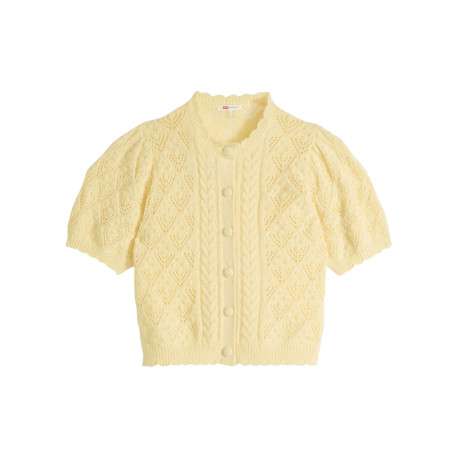 Pull jaune pourvu d'un col rond festonné et d'une fermeture boutonnée