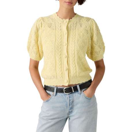 Pull jaune pourvu d'un col rond festonné et d'une fermeture boutonnée - Image 3