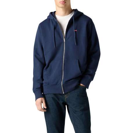 Sweat zippé en coton marine à coupe droite pourvu d'un col à capuche