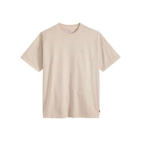 T-shirt en coton beige à coupe droite pourvu d'un col rond finement côtelé