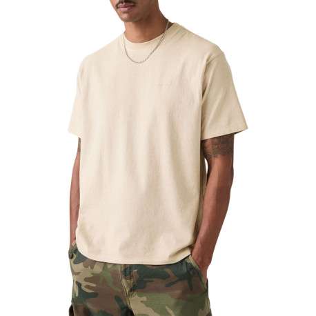 T-shirt en coton beige à coupe droite pourvu d'un col rond finement côtelé - Image 3