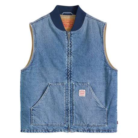 Blouson sans manche en coton bleu à coupe droite pourvu d'un col bomber