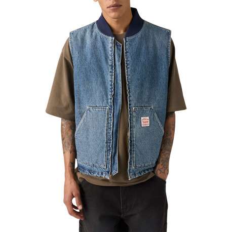 Blouson sans manche en coton bleu à coupe droite pourvu d'un col bomber - Image 3