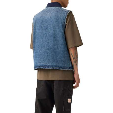Blouson sans manche en coton bleu à coupe droite pourvu d'un col bomber - Image 4