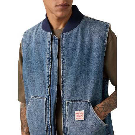 Blouson sans manche en coton bleu à coupe droite pourvu d'un col bomber - Image 5