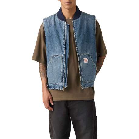 Blouson sans manche en coton bleu à coupe droite pourvu d'un col bomber - Image 6