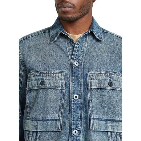 Blouson en jean en coton bleu délavé avec un col chemise et une coupe droite - Image 7