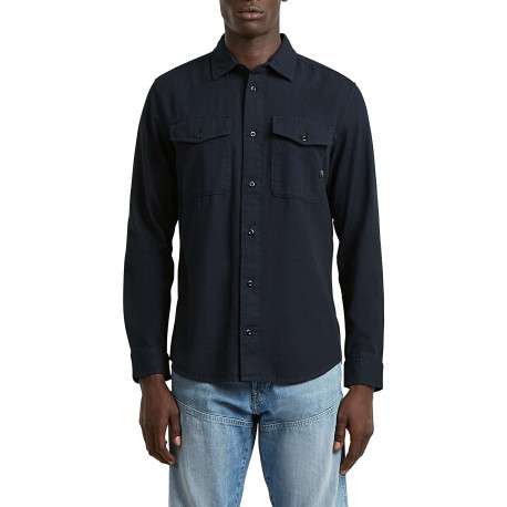 Chemise en coton bleu marine unie avec une coupe slim et un col à revers - Image 4