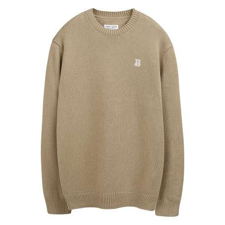 Pull en coton beige à coupe ample pourvu d'un col rond côtelé