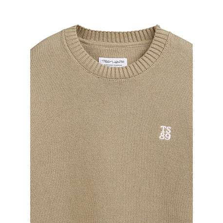 Pull en coton beige à coupe ample pourvu d'un col rond côtelé - Image 3