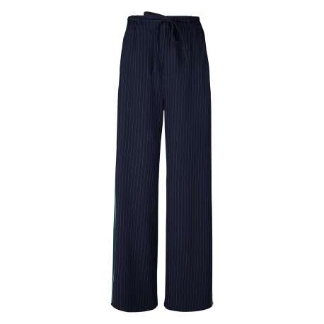 Pantalon bleu foncé à coupe droite orné d'un motif à rayures