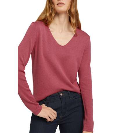 Pull rose uni coupe droite avec un col V et des manches longues - Image 2