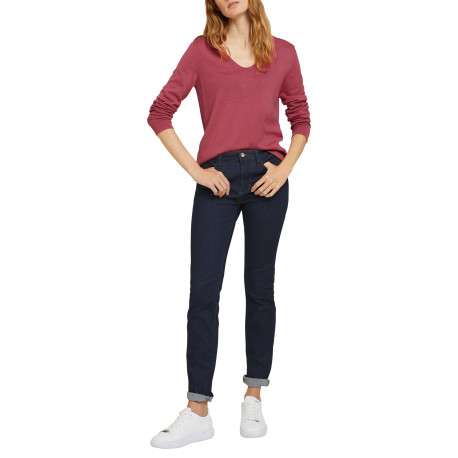 Pull rose uni coupe droite avec un col V et des manches longues - Image 3