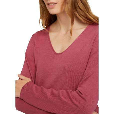 Pull rose uni coupe droite avec un col V et des manches longues - Image 5