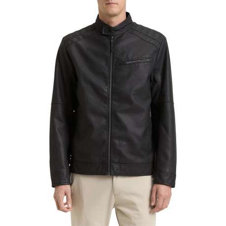 Blouson noir uni avec une coupe ajustée et un col montant avec un bouton - Image 2