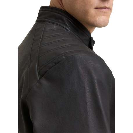 Blouson noir uni avec une coupe ajustée et un col montant avec un bouton - Image 5