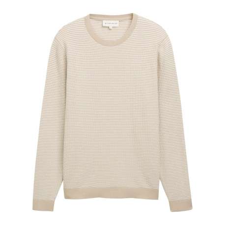 Pull en coton beige à rayures avec une coupe droite et un col rond