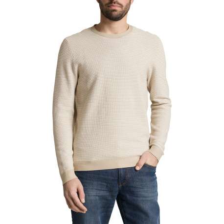 Pull en coton beige à rayures avec une coupe droite et un col rond - Image 2